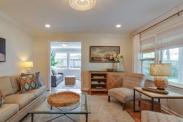 living room featuring crown molding, wood finished floors, baseboards, and a healthy amount of sunlight