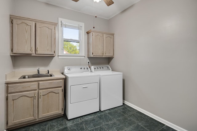 979 Welbeck Cv, Collierville, TN 38017 - laundry area featuring baseboards, a sink, a ceiling fan, cabinet space, and washing machine and clothes dryer
