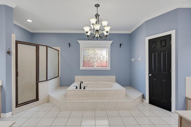 979 Welbeck Cv, Collierville, TN 38017 - full bath with a chandelier, tile patterned flooring, crown molding, a shower stall, and a bath