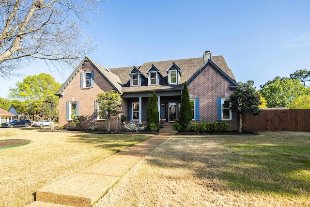 979 Welbeck Cv, Collierville, TN 38017 - new england style home featuring a chimney, a front yard, fence, and brick siding