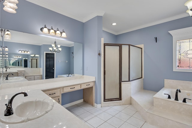 979 Welbeck Cv, Collierville, TN 38017 - bathroom featuring a stall shower, a sink, tile patterned flooring, and a notable chandelier