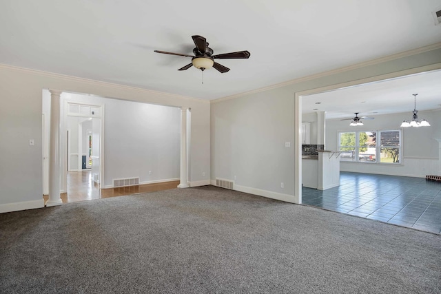 979 Welbeck Cv, Collierville, TN 38017 - unfurnished living room featuring ceiling fan with notable chandelier, ornamental molding, carpet, and visible vents