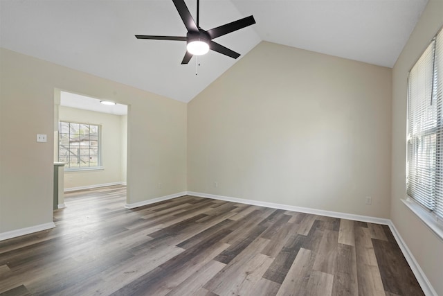 1098 Capital Ave, Memphis, TN 38107 - empty room featuring wood finished floors, ceiling fan, baseboards, and lofted ceiling