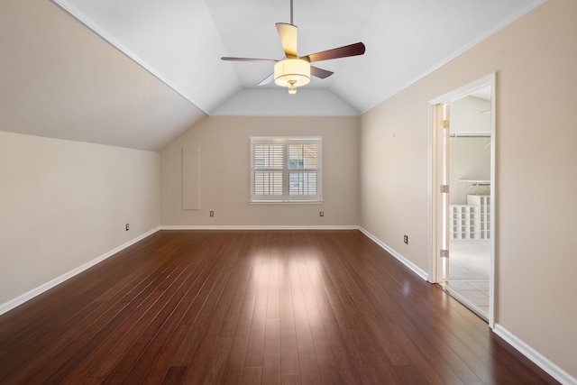 7545 Wheatley Dr, Germantown, TN 38138 - bonus room featuring baseboards, a ceiling fan, lofted ceiling, and dark wood-style floors