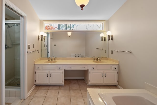 7545 Wheatley Dr, Germantown, TN 38138 - bathroom with a sink, a shower stall, double vanity, and tile patterned flooring