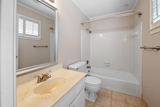 7545 Wheatley Dr, Germantown, TN 38138 - bathroom featuring shower / washtub combination, vanity, ornamental molding, tile patterned flooring, and toilet