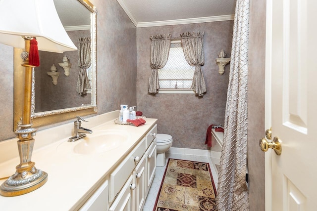 8453 Farrah Ln, Germantown, TN 38139 - full bath featuring vanity, ornamental molding, tile patterned flooring, a textured ceiling, and toilet
