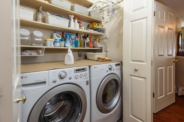 8453 Farrah Ln, Germantown, TN 38139 - clothes washing area featuring washer and clothes dryer, laundry area, and dark wood finished floors