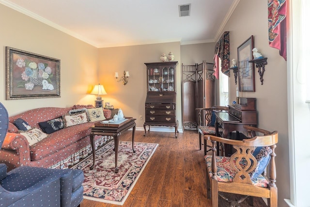 8453 Farrah Ln, Germantown, TN 38139 - living room featuring crown molding, baseboards, dark wood finished floors, and visible vents