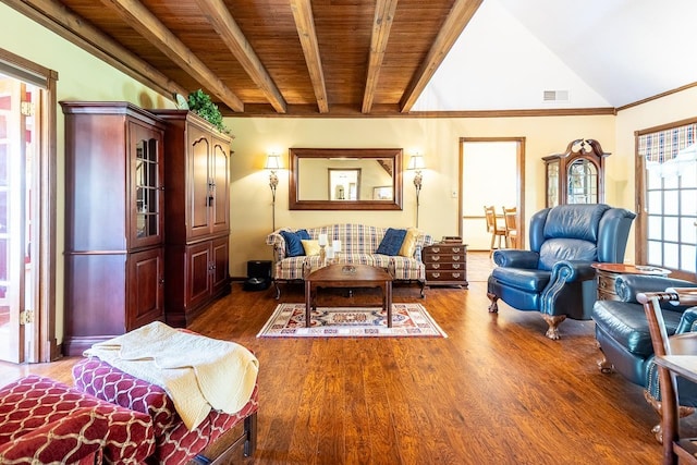 8453 Farrah Ln, Germantown, TN 38139 - living area with wood ceiling, dark wood-style flooring, lofted ceiling with beams, and visible vents