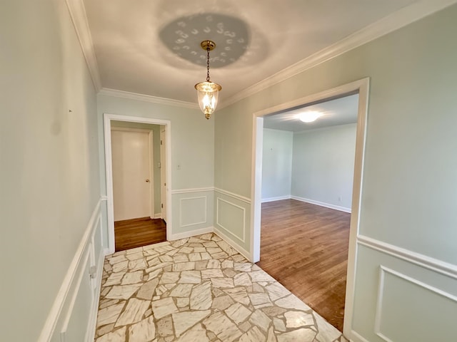 empty room with a decorative wall, ornamental molding, wood finished floors, and a wainscoted wall