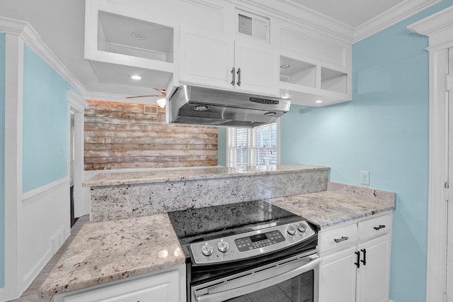 kitchen featuring crown molding, electric range, open shelves, visible vents, and under cabinet range hood