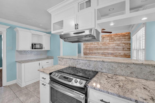 kitchen with visible vents, white cabinets, stainless steel electric stove, under cabinet range hood, and backsplash