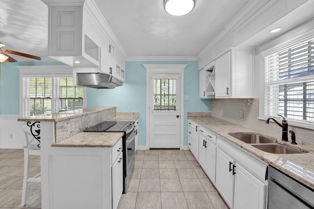 kitchen featuring a peninsula, open shelves, under cabinet range hood, appliances with stainless steel finishes, and a sink