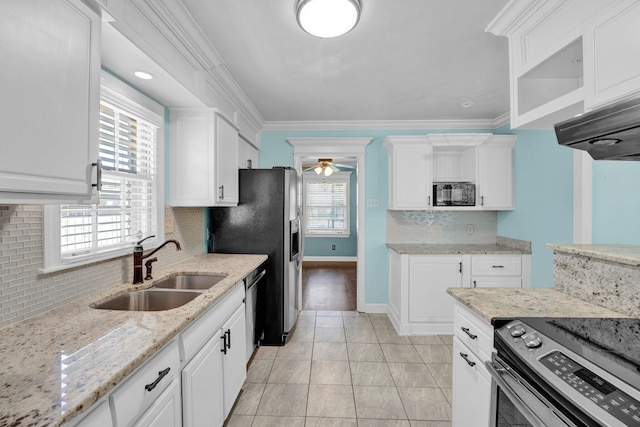 kitchen with white cabinetry, a ceiling fan, decorative backsplash, stainless steel appliances, and a sink