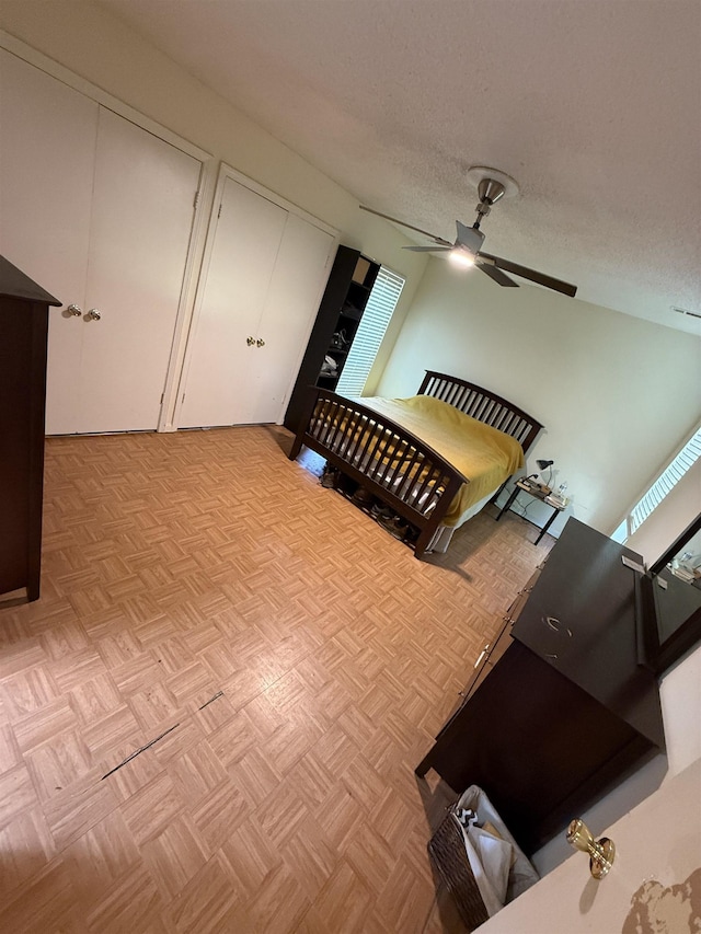 3287 Leschallas Dr, Memphis, TN 38128 - bedroom with ceiling fan, two closets, and a textured ceiling