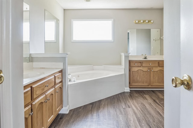 bathroom featuring two vanities, a sink, a garden tub, and wood finished floors