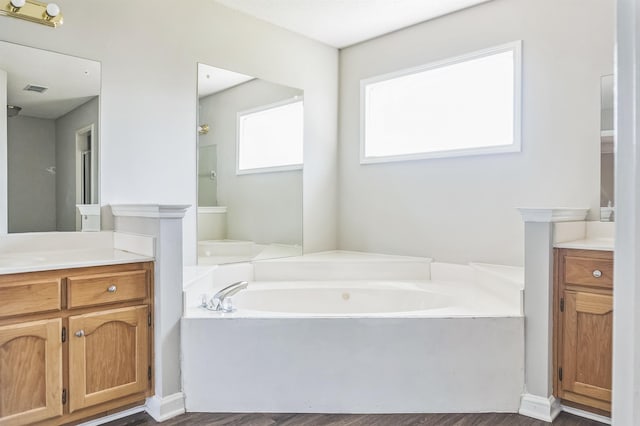 bathroom featuring a garden tub, vanity, and wood finished floors