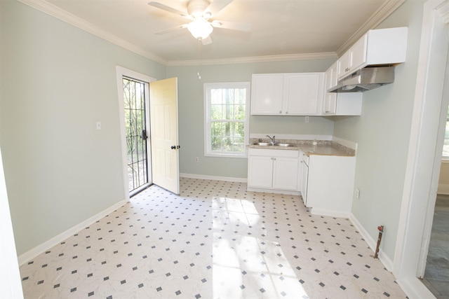 899 Craft Rd, Memphis, TN 38116 - kitchen with baseboards, a sink, a ceiling fan, white cabinetry, and light floors