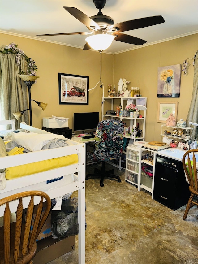 office area featuring concrete floors, ceiling fan, and ornamental molding