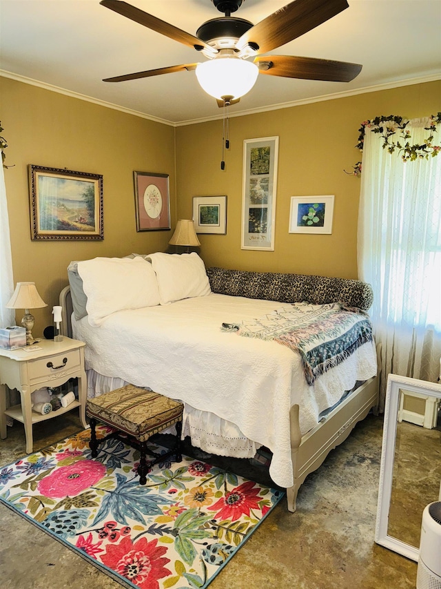 bedroom featuring crown molding and ceiling fan