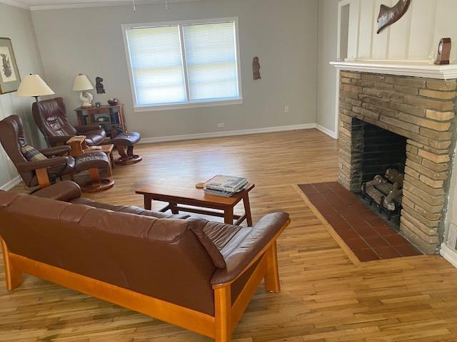 living area with a fireplace with flush hearth, crown molding, light wood finished floors, and baseboards