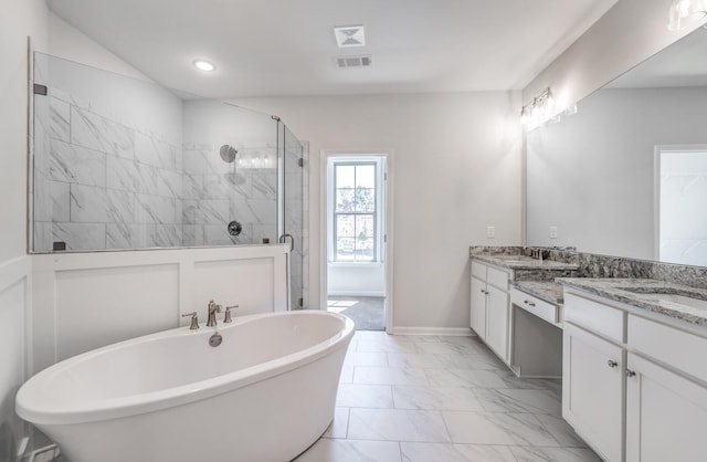 175 Valleyview Ln, Oakland, TN 38060 - bathroom with baseboards, a freestanding tub, vanity, marble finish floor, and a stall shower