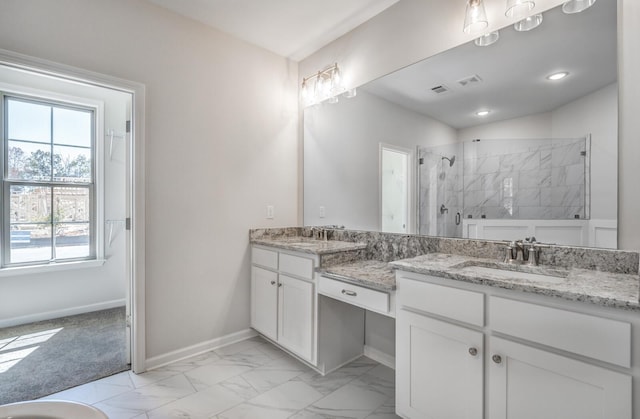 175 Valleyview Ln, Oakland, TN 38060 - full bath featuring vanity, baseboards, visible vents, marble finish floor, and a tile shower
