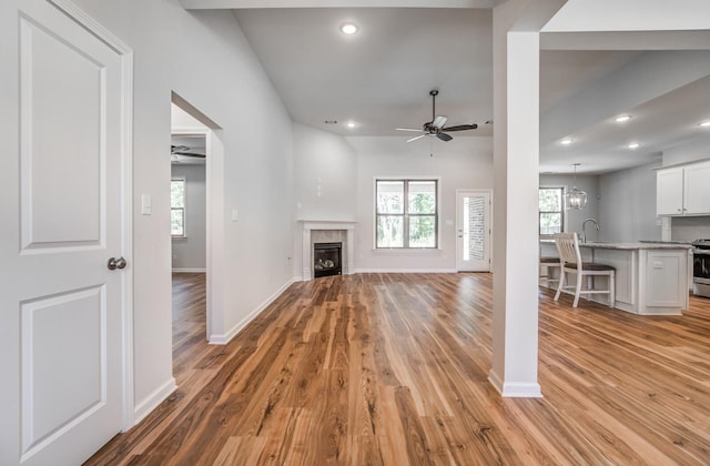 175 Valleyview Ln, Oakland, TN 38060 - unfurnished living room featuring ceiling fan, light wood finished floors, and a healthy amount of sunlight