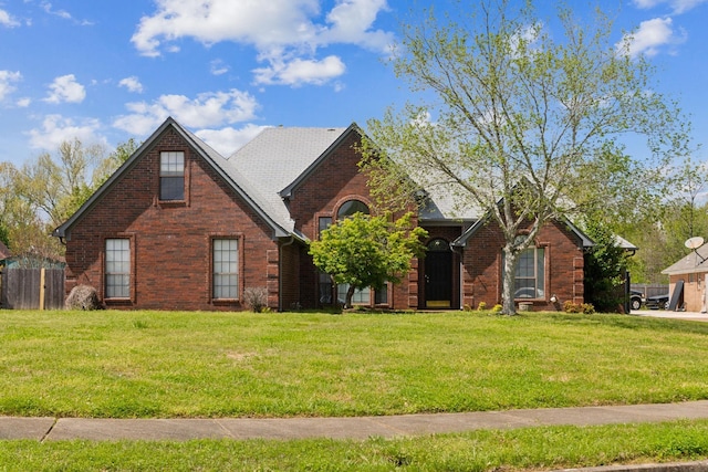 traditional-style home featuring brick siding, fence, and a front lawn