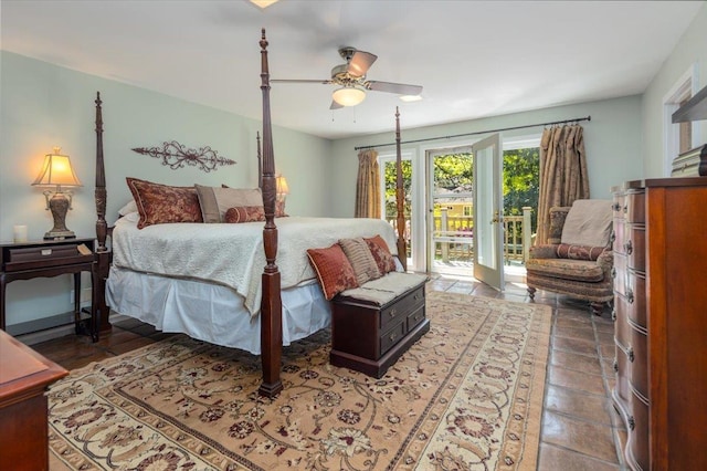 bedroom with access to exterior and a ceiling fan
