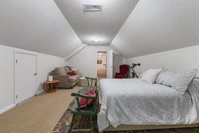carpeted bedroom featuring visible vents, a textured ceiling, baseboards, and lofted ceiling