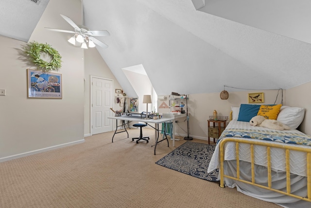 carpeted bedroom featuring baseboards and lofted ceiling