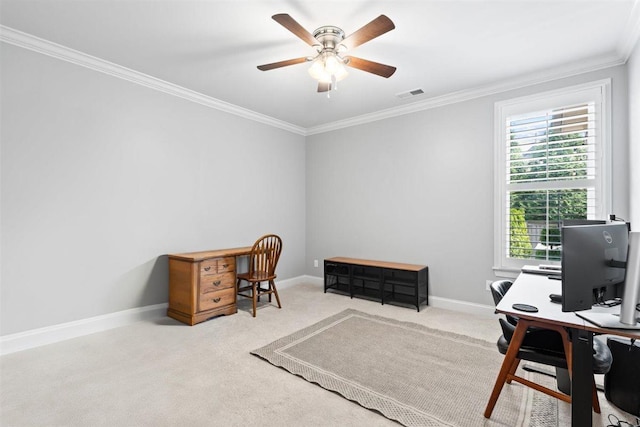 703 Justana Dr, Collierville, TN 38017 - home office featuring crown molding, ceiling fan, carpet floors, baseboards, and visible vents
