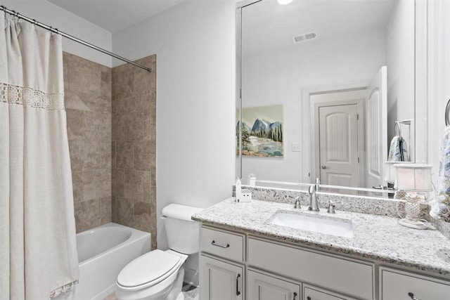 703 Justana Dr, Collierville, TN 38017 - bathroom featuring toilet, vanity, visible vents, and shower / bathtub combination with curtain