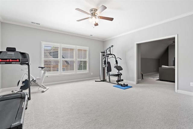 703 Justana Dr, Collierville, TN 38017 - exercise area featuring carpet flooring, crown molding, baseboards, and ceiling fan