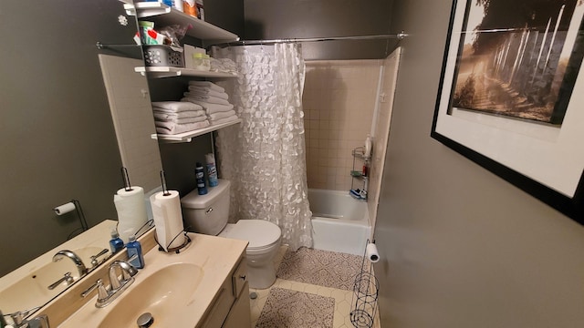 bathroom with shower / tub combo, toilet, vanity, and tile patterned floors