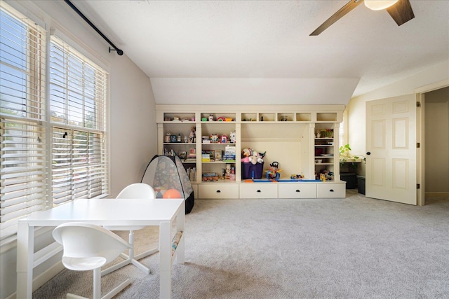 office space with a ceiling fan and carpet flooring
