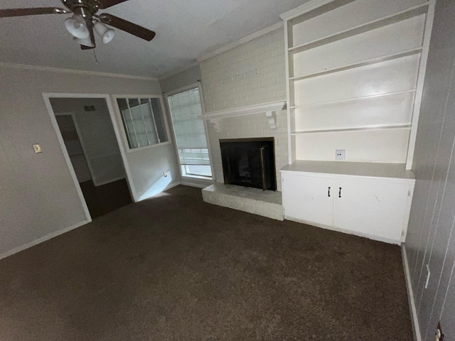 4149 Meadow Creek Rd, Memphis, TN 38115 - unfurnished living room with a fireplace, carpet, a ceiling fan, and ornamental molding