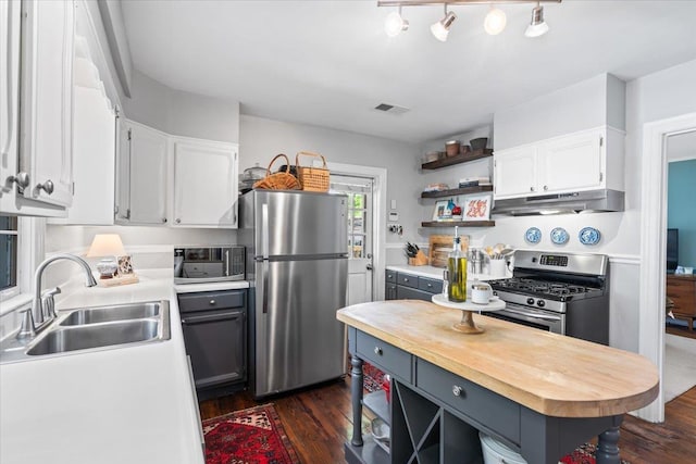 kitchen with wooden counters, under cabinet range hood, open shelves, a sink, and appliances with stainless steel finishes