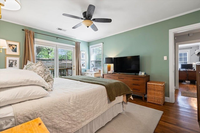 bedroom featuring access to exterior, baseboards, visible vents, a ceiling fan, and dark wood-type flooring