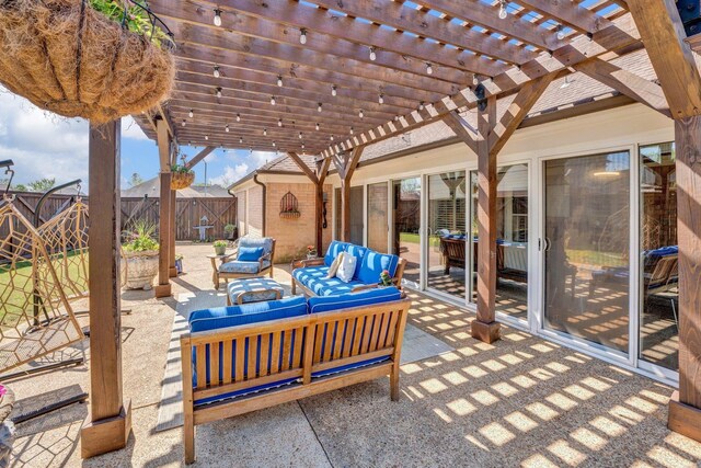view of patio featuring a fenced backyard, outdoor lounge area, and a pergola