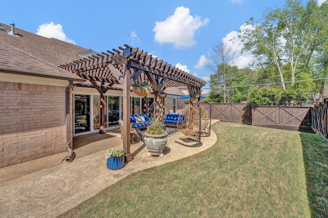 view of yard with a fenced backyard, a pergola, a patio, and outdoor lounge area