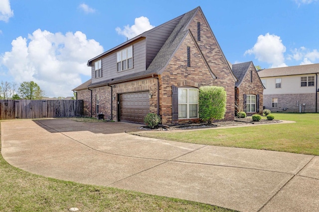 view of front of property with fence, a shingled roof, concrete driveway, brick siding, and a garage