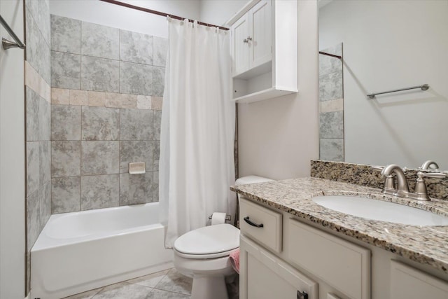full bath featuring toilet, vanity, tile patterned floors, and shower / bathtub combination with curtain