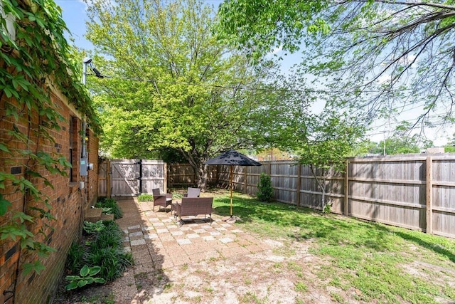 view of yard with a gate, a patio, and a fenced backyard