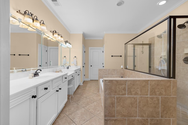 325 Fairoaks Dr, Oakland, TN 38060 - bathroom featuring a shower stall, crown molding, a bath, vanity, and visible vents