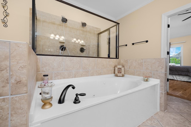 325 Fairoaks Dr, Oakland, TN 38060 - full bathroom with a shower stall, tile walls, a jetted tub, ensuite bath, and ornamental molding