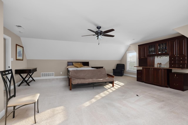 325 Fairoaks Dr, Oakland, TN 38060 - bedroom with lofted ceiling, visible vents, a ceiling fan, light carpet, and baseboards