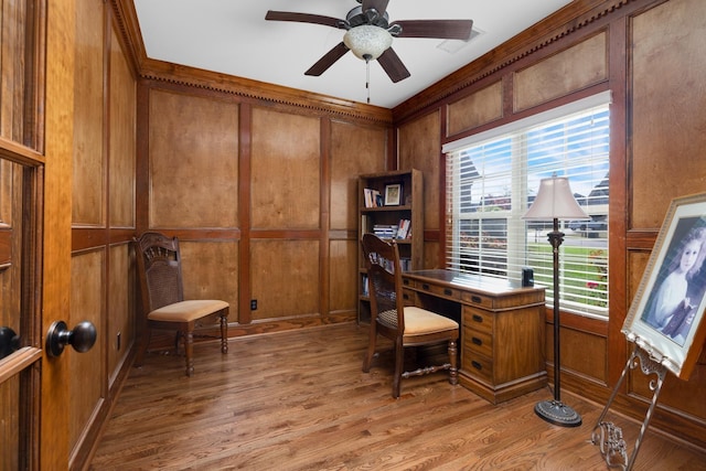 325 Fairoaks Dr, Oakland, TN 38060 - office with light wood finished floors, wood walls, visible vents, a ceiling fan, and a decorative wall